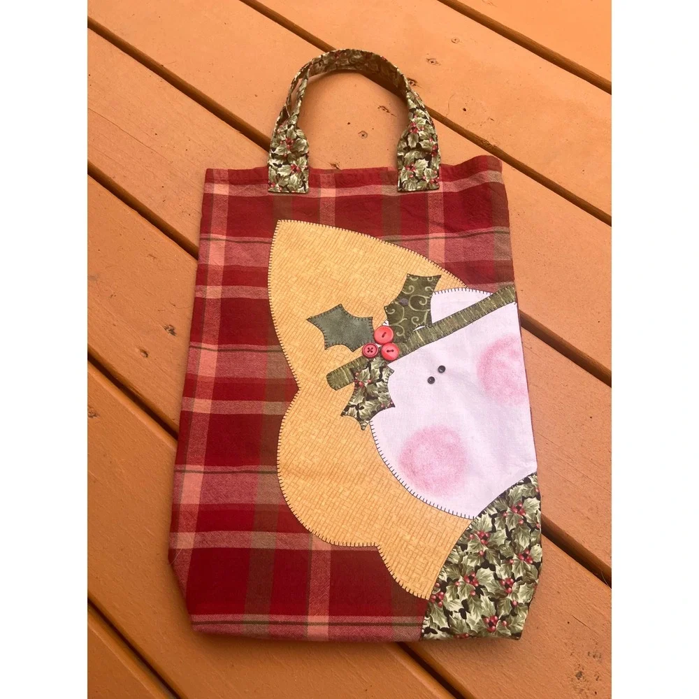 Handmade Christmas Snowman Tote Bag Red Plaid Folk Art Holiday Reusable Gift Bag